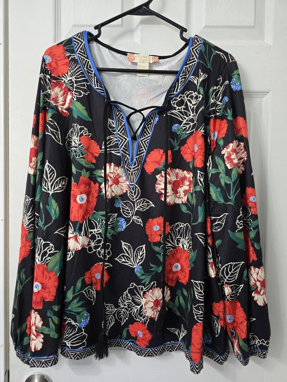 Flying Tomato Black Crewneck Sweater with Red Floral Print